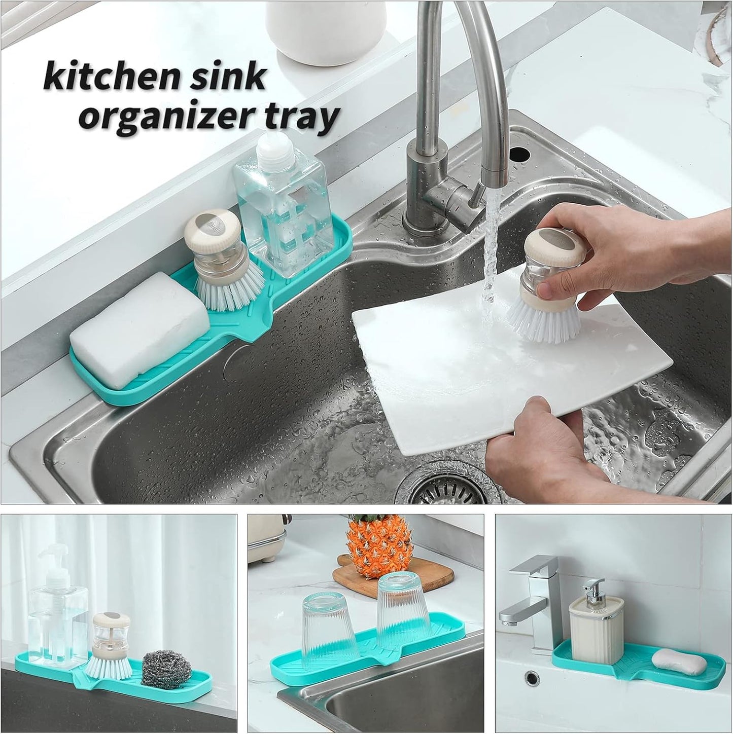 MicoYang Silicone Bathroom Soap Dishes with Drain Spout-Bathroom and Kitchen Sink Organizer,Sponge Holder,Dish Soap Tray,Perfect for Dispenser,Scrubber,Bottle,Cup on Sink or Counter-Coffee 4.9"×3.2"