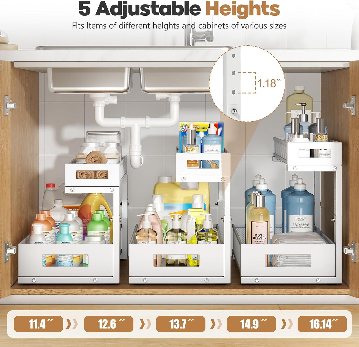 2-Pack Under Sink Storage Organizer, Large 2-Tier Elegant Mesh Pull Out Shelf for Kitchen and Bathroom Cabinet Organization, L-Shaped and Adjustable Height Design,Patent Pending-Black