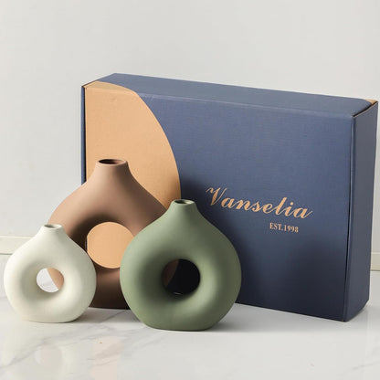Vanselia Ceramic Vase Home Table Decor - Flower Vases Set of 3 Small Living Room Centerpiece Decorations for Shelf Bedroom Office Kitchen Dining Desk Modern Aesthetic Farmhouse Decorative (Classic)