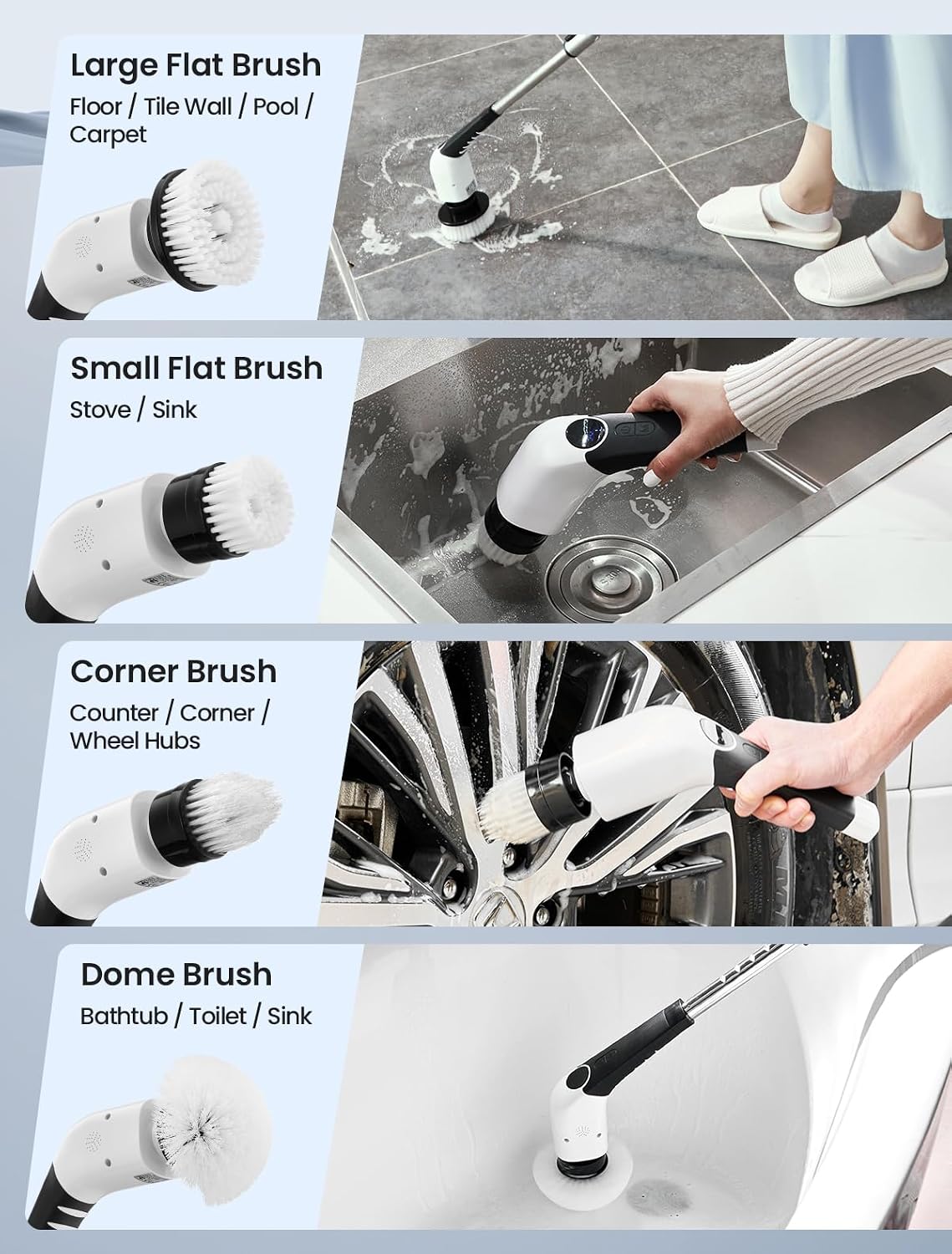 KEIMI Electric Spin Scrubber, Cordless Shower Cleaning Brush with 8 Replaceable Brush Heads, 3 Speeds, Extension Handle, Digital Display, IPX7 Power Scrubber for Bathroom, Tub, Tile and Floor