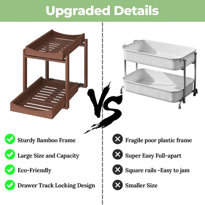 Bamboo Under Sink Organizer and Storage, 2 Pack Pull Out Cabinet Organization, 2 Tier Vertical Slide Out Undersink Storage Shelf, Multi-Purpose Organizer Shelves for Kitchen Bathroom Medicine