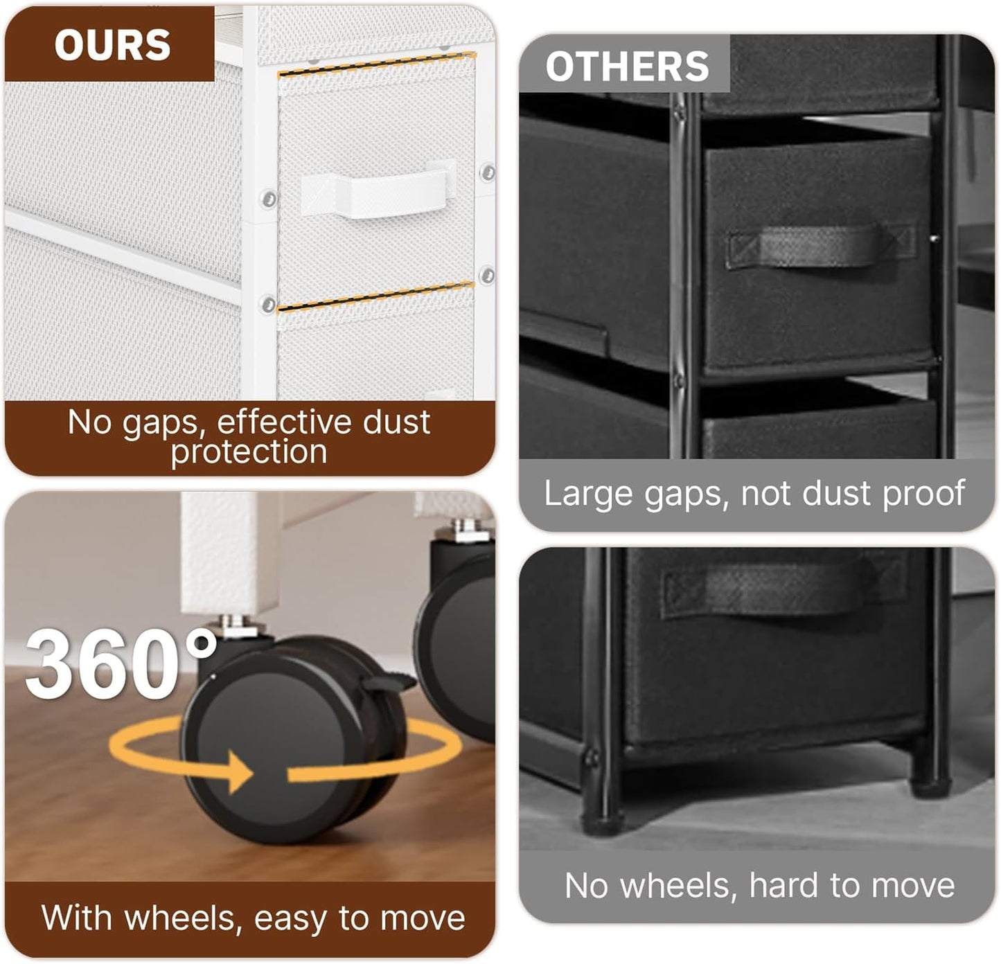 Oppro Small Narrow Side End Table, 2 Drawer Slim Nightstand Bedside Sofa Table with Wheels, Space Saving Rolling Skinny Thin Desk with Storage Bag for Bedroom Living Room Couch Bathroom Dorm