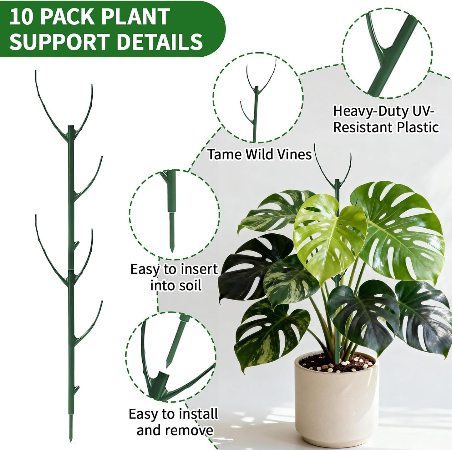 30Pcs Plant Stakes for Indoor Plants, Stackable Monstera Stake with Stem Supports & Garden Wire for Monstera, Pothos, Money Plant, Outdoor Plants