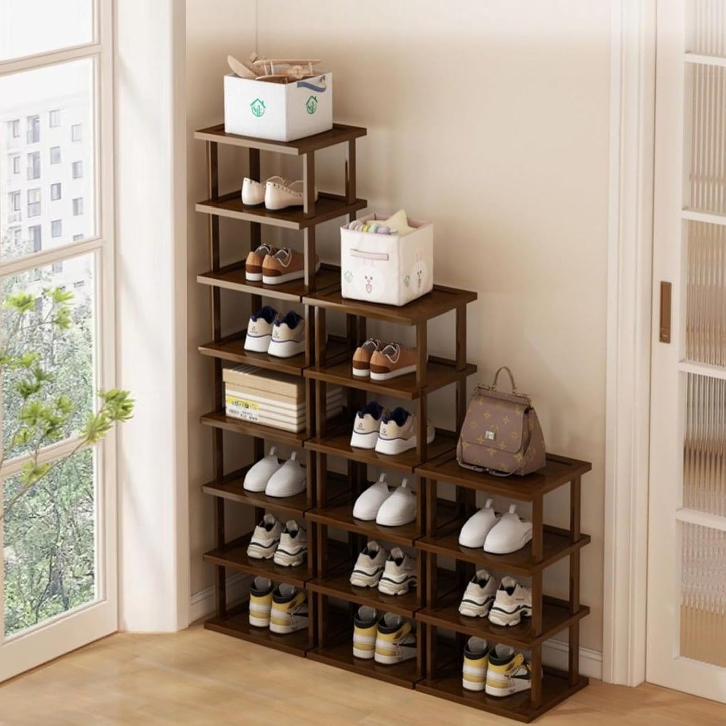 Vertical Shoe Rack - Tall Narrow Shoe Rack Organizer for Small Spaces,5 Tier Bamboo Shoen Shelf for Entryway,Closet,Corner,Doorway,Skinny Shoe Shelf Space Saving Shoe Storage,Free Stackable DIY