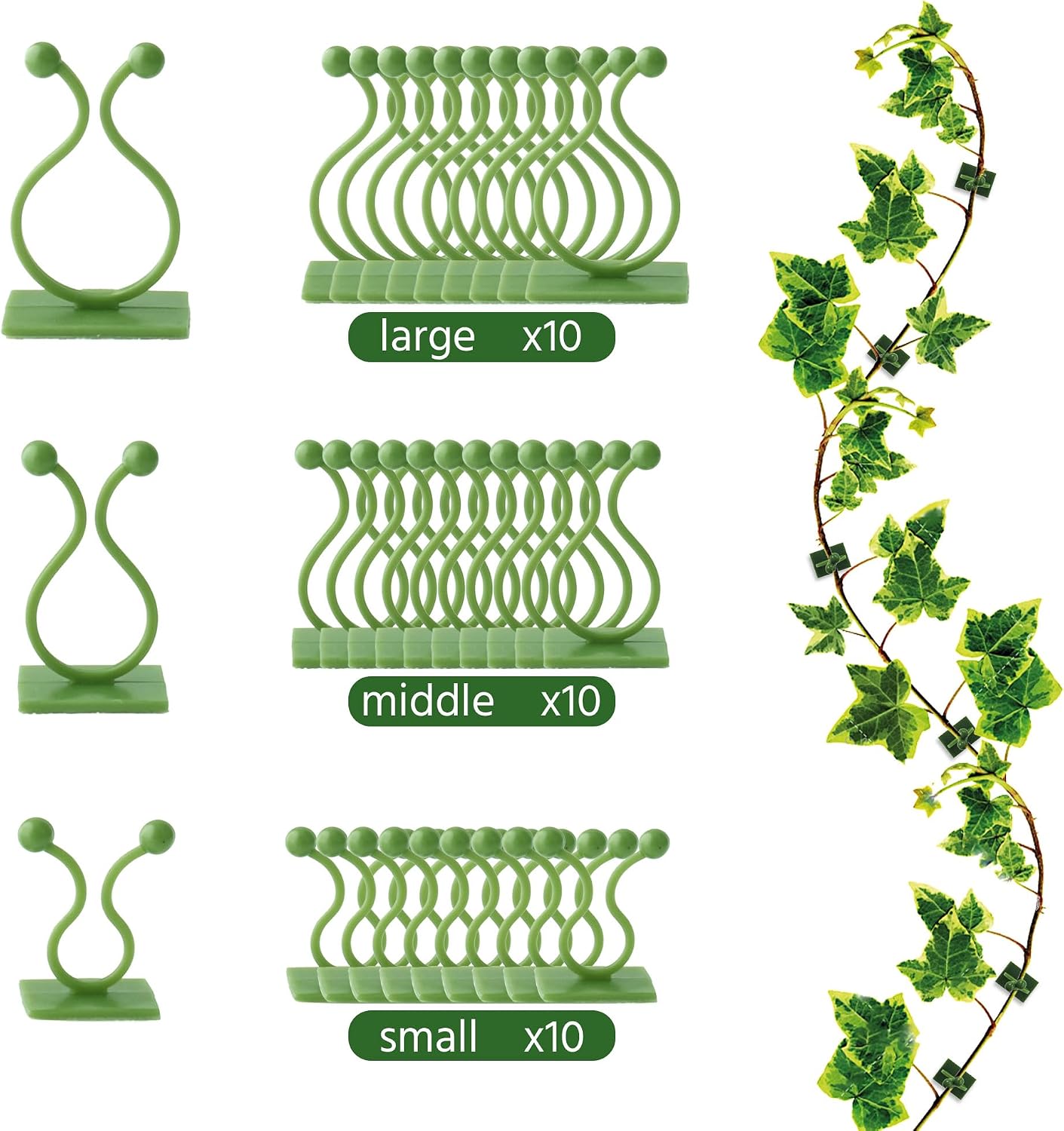 Beurio Plant Clips for Wall, 30 Pcs Self Adhesive Vine Clips | 3 sizes, smooth-surface adhesive, ivy and pothos support, green plastic, cable tidying