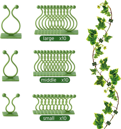Beurio Plant Clips for Wall, 30 Pcs Self Adhesive Vine Clips | 3 sizes, smooth-surface adhesive, ivy and pothos support, green plastic, cable tidying