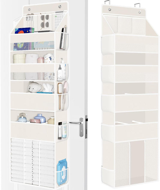 WISELIFE 5-Tier Over the Door Organizer for Hanging - 50LB Heavy-Duty Back of Door Organizer with 5 Spacious Pockets & 13 Mesh Pockets, Multipurpose Storage for Nursery, Bedroom, Closet(1 Pack, Gray)
