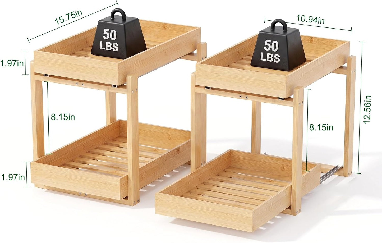 Bamboo Under Sink Organizer and Storage, 2 Pack Pull Out Cabinet Organization, 2 Tier Vertical Slide Out Undersink Storage Shelf, Multi-Purpose Organizer Shelves for Kitchen Bathroom Medicine