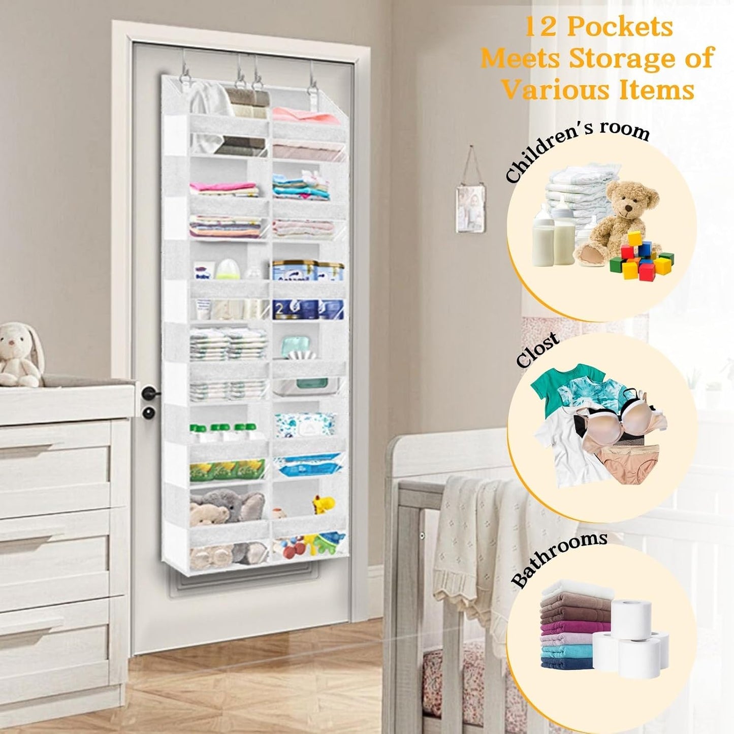 Over The Door Organizer, 5-Tier Extra Large Behind Door Storage with 10 Big Front & 10 Mesh Pockets, 80lb Capacity, Hanging Storage Organizer with Clear Window Kids Toys, Shoes, Diapers, Light Grey