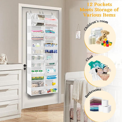 Over The Door Organizer, 5-Tier Extra Large Behind Door Storage with 10 Big Front & 10 Mesh Pockets, 80lb Capacity, Hanging Storage Organizer with Clear Window Kids Toys, Shoes, Diapers, Light Grey