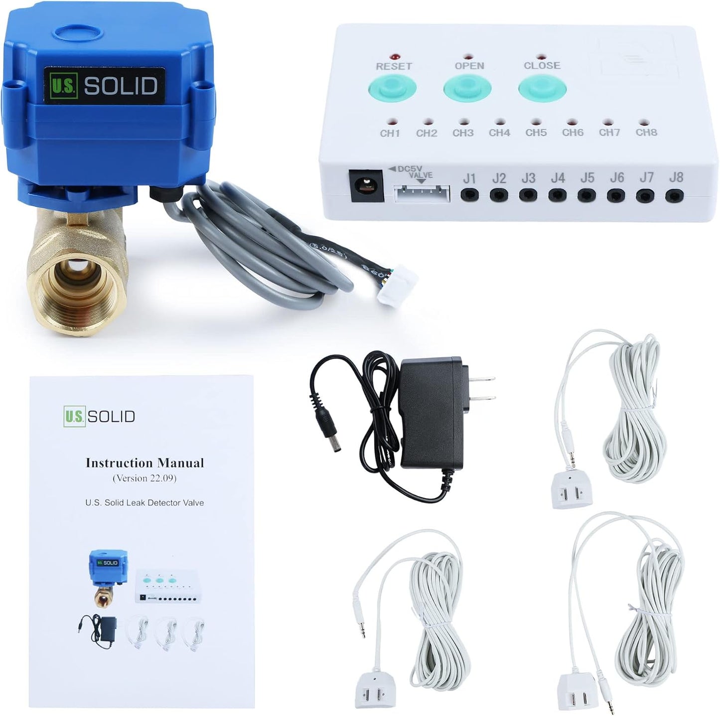 U.S. Solid Water Leak Detector with Auto Shut-Off Valve & Sound Alarm, 1" NSF Certified 304SS Motorized Ball Valve with 3 Sensors, Smart Sensor System for Water Heaters, Laundry & Flood Prevention