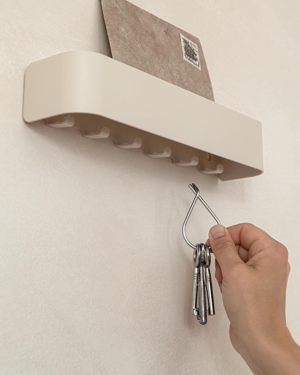 Kazai. Key Holder for Wall 'Tone' | Minimalist Key Hooks Design from Berlin | Modern Key Hanger with Metal Shelf | Key Hook Wall Mounted as Hallway Furniture | Sand Taupe