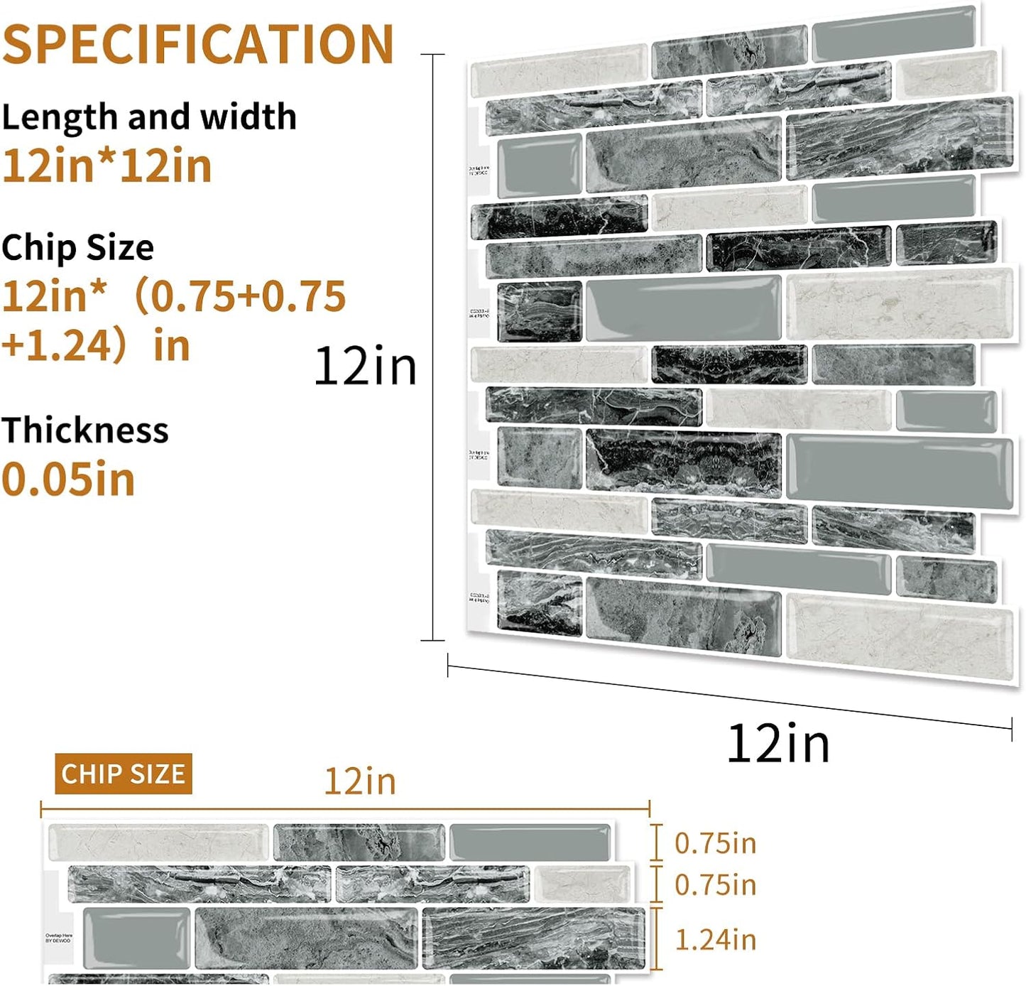 DEWOO Peel and Stick on Self Adhesive Backsplash Wall Marble Tiles Stickers 3D for Kitchen Bathroom,Spliced Blue (10-Sheet, 12"×12")