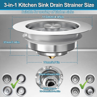 Kitchen Sink Drain Strainer for 3-1/2 Inch Drain Hole, 3-in-1 304 Stainless Steel Pop-Up Sink Strainer and Stopper with Anti-Clog Filter Basket & Food Catcher (Silver, 1 Pack)