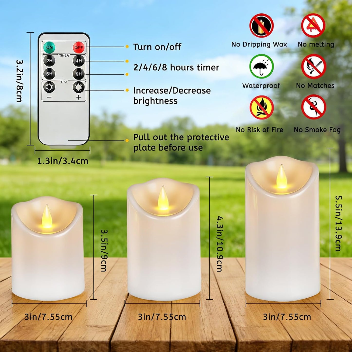 Outdoor Indoor Flameless Candles, Patented 3D Dual-LED, Set of 6 Slanted Top Durable Plastic Pillars with 2 Remotes & Timer, Non-Melting Waterproof Battery Candles for Patio Garden (Ivory)