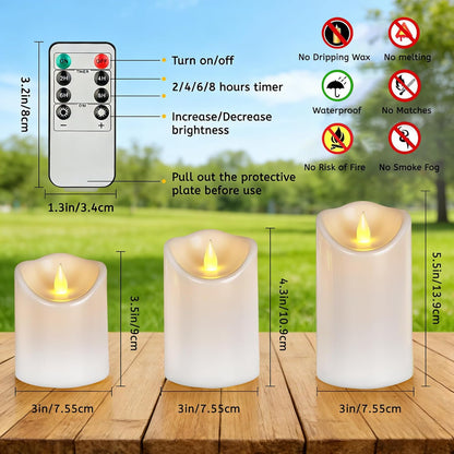 Outdoor Indoor Flameless Candles, Patented 3D Dual-LED, Set of 6 Slanted Top Durable Plastic Pillars with 2 Remotes & Timer, Non-Melting Waterproof Battery Candles for Patio Garden (Ivory)