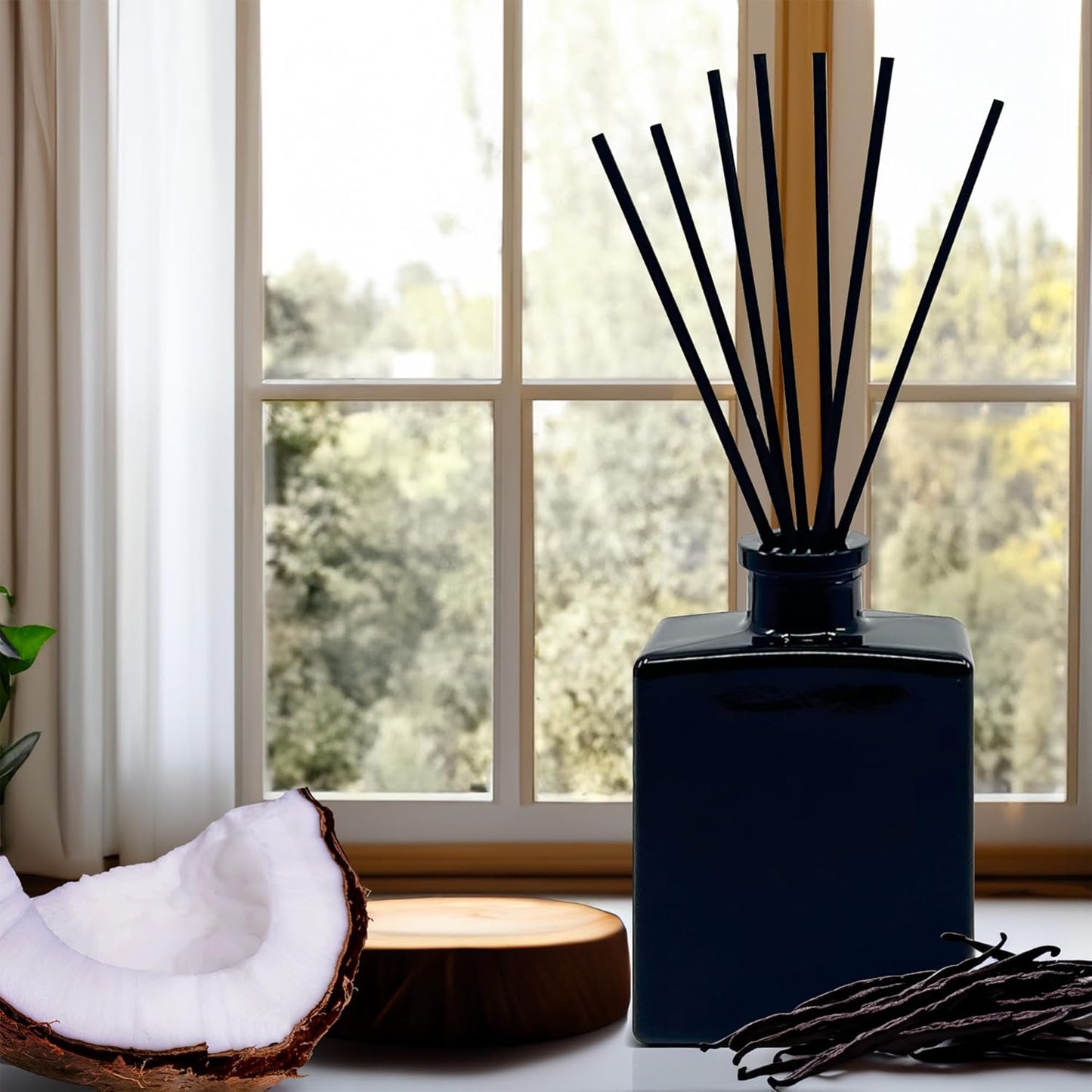 Urban Naturals Smoked Vanilla Reed Diffuser Set with Vanilla Bean, Sandalwood & Leather – 5 Ounce Sleek Black Rectangular Refillable Glass Bottle – Made in the USA