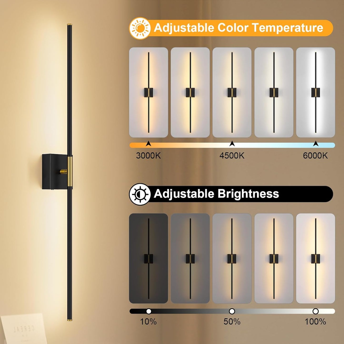 Battery Operated Wall Sconce Set of Two with Remote Control, 3000K-6000K Dimmable Black Wall Lights, Timable LED Wireless Wall Sconces, 350° Ratate for Bathroom, Living Room, Hallway 29.1 Inch