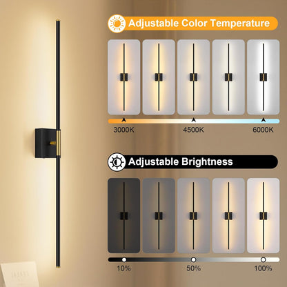 Battery Operated Wall Sconce Set of Two with Remote Control, 3000K-6000K Dimmable Black Wall Lights, Timable LED Wireless Wall Sconces, 350° Ratate for Bathroom, Living Room, Hallway 29.1 Inch