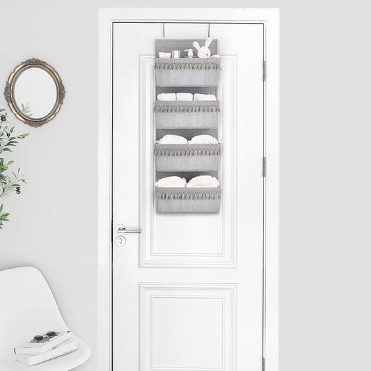 Dahey Over The Door Organizer Boho Nursery Storage Decor Closet Hanging Organizer with Tassels Decoration for Bedroom Nursery Bathroom Apartments Dorm Pantry, 5 Pockets, White