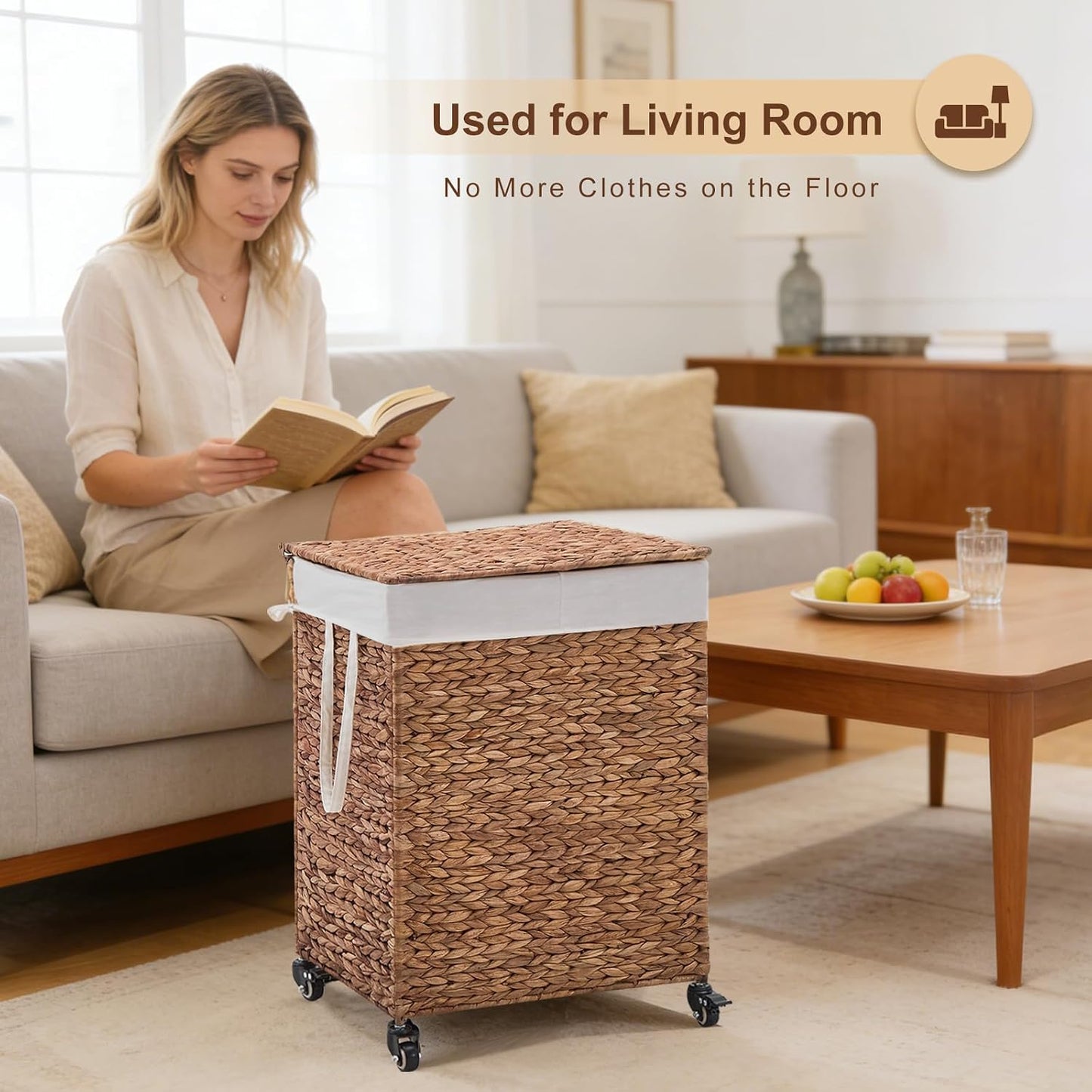 3-Section Laundry Hamper with Lid, Large Capacity Woven Natural Water Hyacinth Laundry Sorter with Removable Liners, Rolling or Non-Slip Design for Bedroom (Natural, 155L)