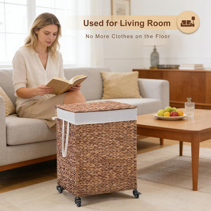 3-Section Laundry Hamper with Lid, Large Capacity Woven Natural Water Hyacinth Laundry Sorter with Removable Liners, Rolling or Non-Slip Design for Bedroom (Natural, 155L)