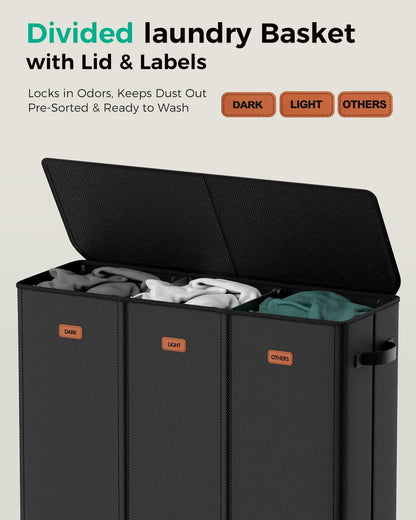 185L Laundry Hamper 3 Section with Lid & Removable Bags | Collapsible laundry basket organizer for laundry room, bedroom & dorm with 3 removable washing bags