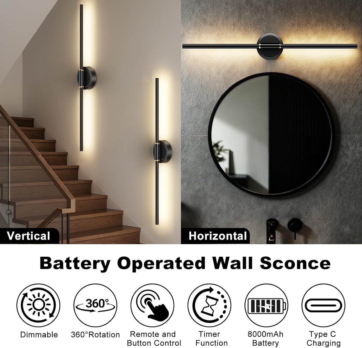 Battery Operated Wall Sconces Set of 2, Dimmable 6000mAh Rechargeable Wall Lights, LED Wall Lamp with Remote Control