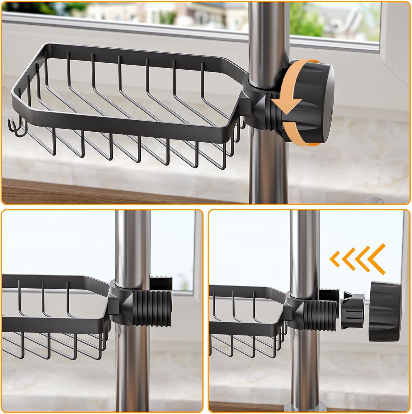 LONIN Stainless Steel Kitchen Sink Organizer Caddy – Over Faucet Sponge & Brush Holder, Rust-Resistant, Adjustable Universal Fit Faucet Rack, Quick Drain Sink Space Saver