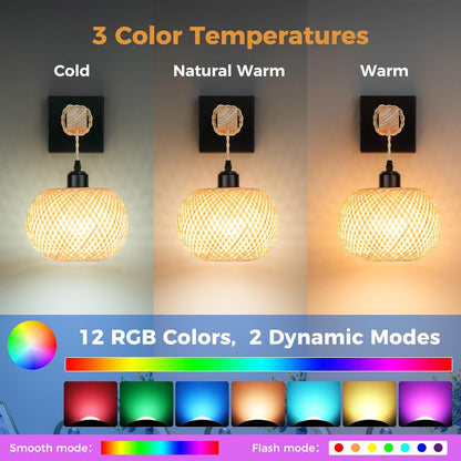 Battery Operated Wall Sconce with Remote Set of 2, Rechargeable Rattan Wall Sconces with 8000mAh Bulbs, Woven Bamboo Wall Light/Lamp Boho Wall Sconce for Bedroom (Black)
