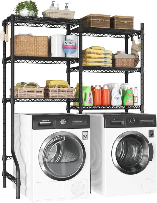 ULIFHOME U15 Over Washer and Dryer Storage Shelves, Laundry Above Washer Dryer Storage Rack Space Saver, 6-Tier Wire Shelf with 4 Hooks for Organization, 63.4"W x 17.3"D x 76.4"H, Holds 568lbs, White