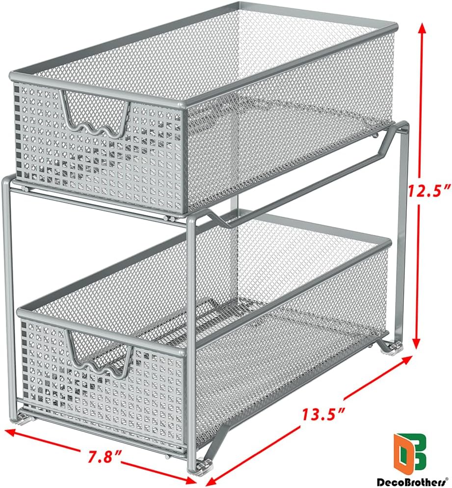 DecoBrothers 2 Tier Bathroom Storage Organizer with Pull-Out Drawer, Silver