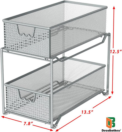 DecoBrothers 2 Tier Bathroom Storage Organizer with Pull-Out Drawer, Silver