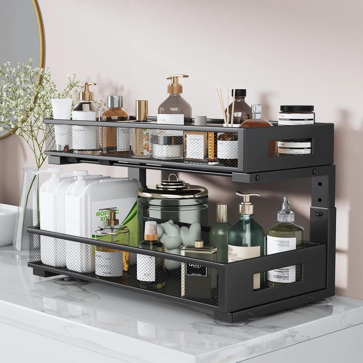 Under Sink Organizer, 2-Tier Dual Pull Out Cabinet Organizer Drawers With Smooth Circular Rail, Large Capacity Metal Mesh Sliding Shelves For Bathroom& Kitchen Storage,Height Adjustable–White,2 Packs