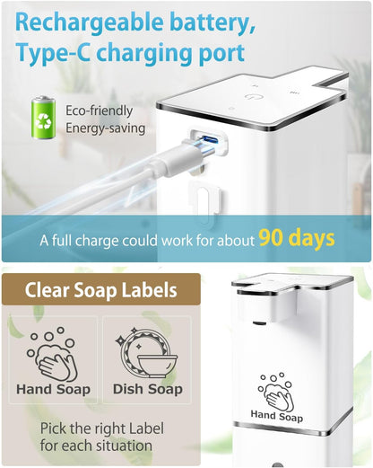 Automatic Foaming Soap Dispenser Touchless 380ml/12.8oz Rechargeable Hand Soap Dispenser Wall Mounted 4 Levels Adjustable Foam Soap Pump for Bathroom Kitchen Dish Soap