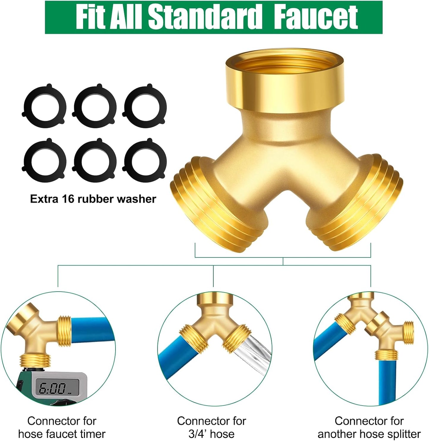 JaGely 8 Pack Garden Hose Splitter 2 Way Heavy Duty Brass Hose Spigot Adapter Y Valve Garden Hose Connector 3/4" Inch Thread Splitter Adapter with 16 Rubber Hose Washers