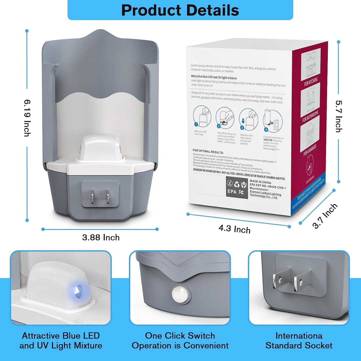 Indoor Fly Trap with UV Light, 2 Plug-in Flying Insect Traps and 6 Sticky Refills, Safe & Quiet Bug Catcher for Fruit Flies, Gnats, Mosquitoes, Moths & Small Insects