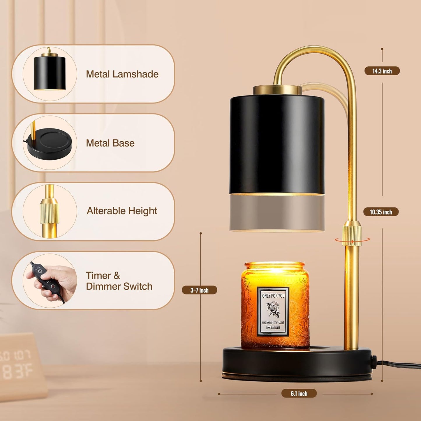 CASTLELIFE Candle Warmer Lamp with Timer & Dimmer, Height Adjustable Electric Wax Melt Warmer for Jar Candles, Gifts for Mom Home Decor, Black