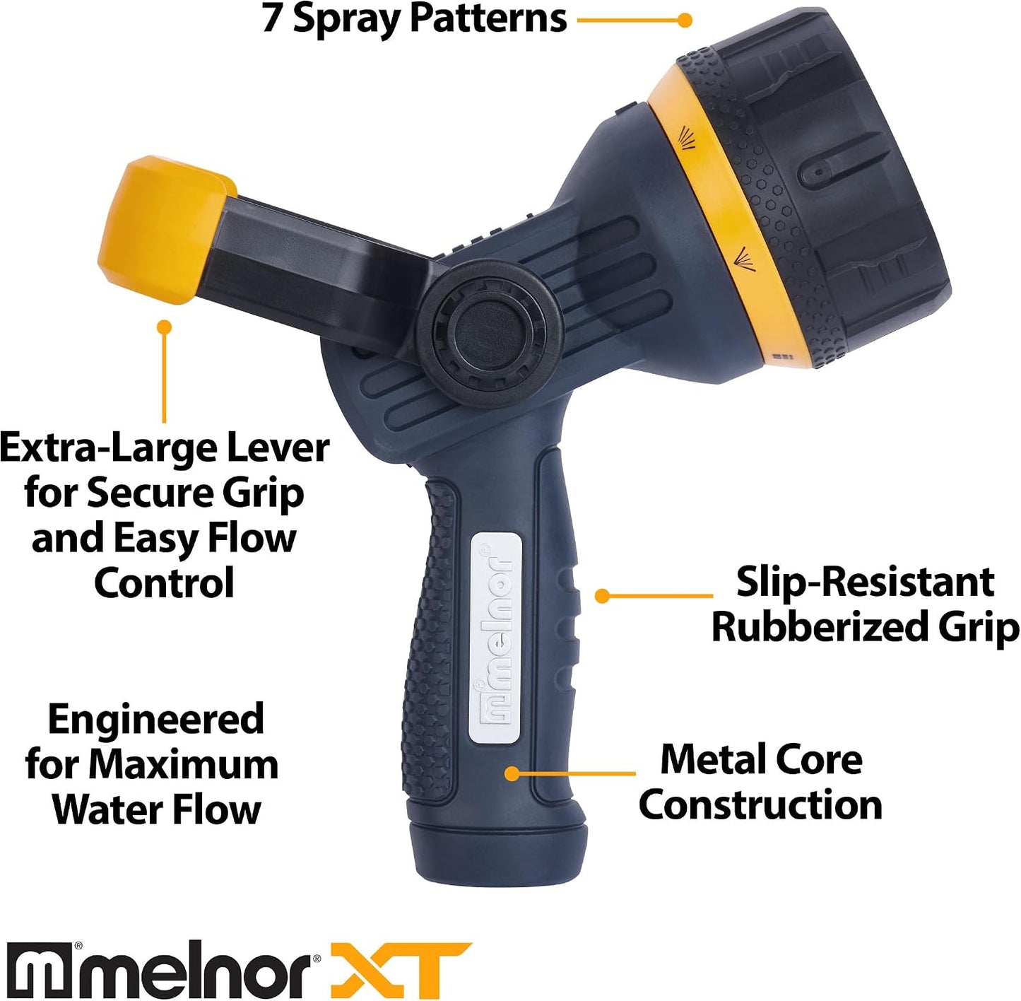 Melnor 65020-AMZ Metal Multi-Pattern Hose Nozzle with Rear Trigger Grip, 7 Spray Patterns, Heavy-Duty Metal Construction, Quick Connect Adapter, Black, Orange