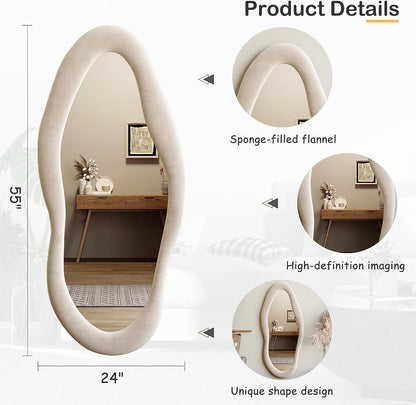 Honyee Full Length Mirror, 63" x 24" Wall Mirror, Flannel Wrapped Wooden Frame Floor Mirror, Irregular Wavy Mirror Hanging or Leaning Against Wall for Cloakroom/Bedroom/Living Room, Milk Tea