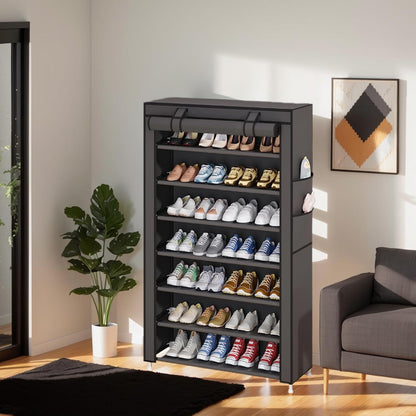 Laiensia 9-Tier Vertical Shoe Rack Organizer, Space Saving Shoe Storage Organizer, Non-Woven Cover Shoe Shelf Holds 36-45 Pairs for Bedroom, Hallway, Closet Entryway, Black