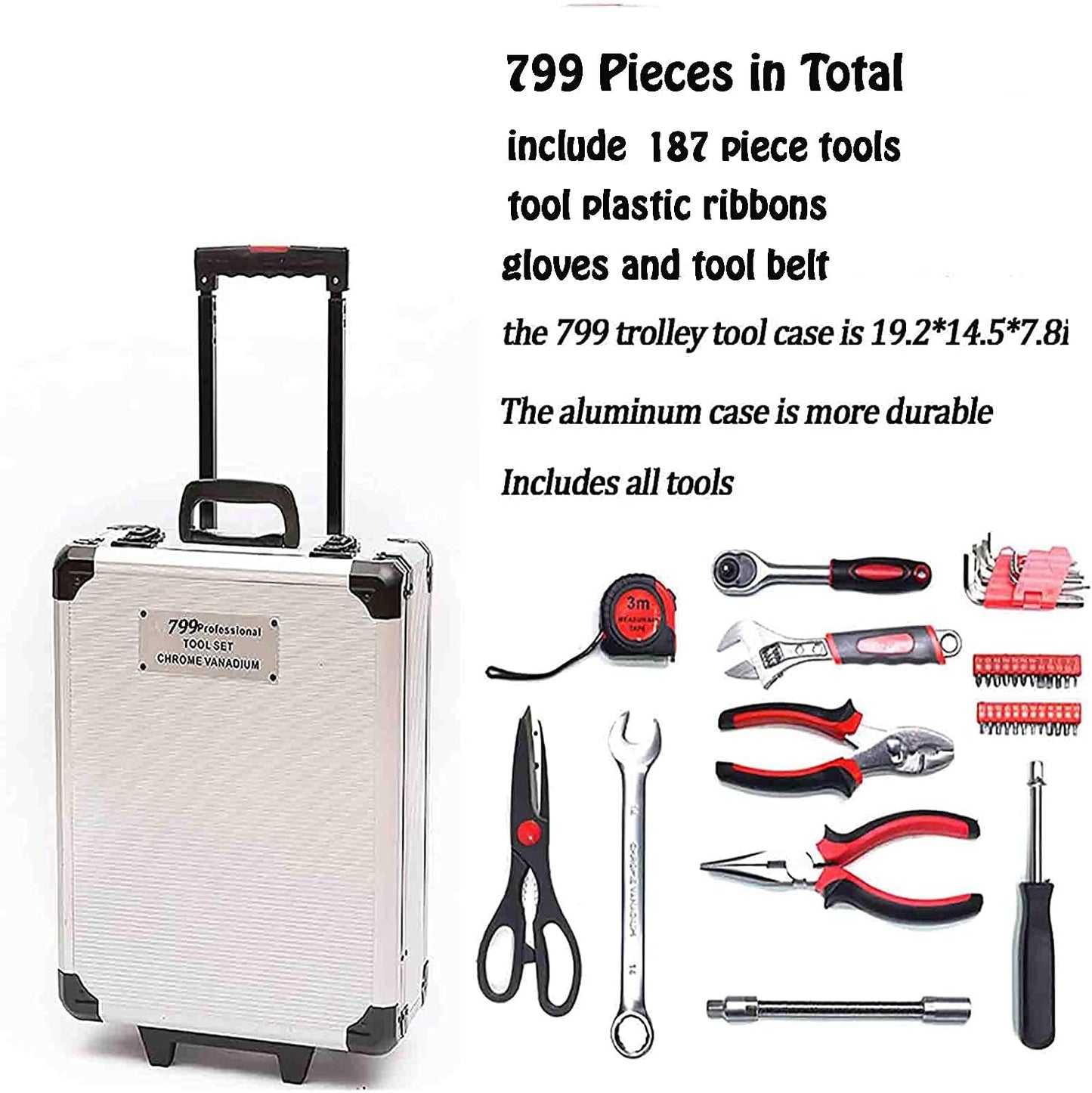 Arcwares 799pcs Aluminum Trolley Case Tool Set Silver, House Repair Kit Set, Household Hand Tool Set, with Tool Belt,Gift on Father's Day (Black)