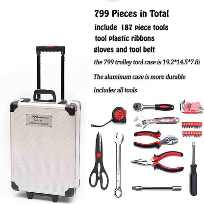 Arcwares 799pcs Aluminum Trolley Case Tool Set Silver, House Repair Kit Set, Household Hand Tool Set, with Tool Belt,Gift on Father's Day (Black)
