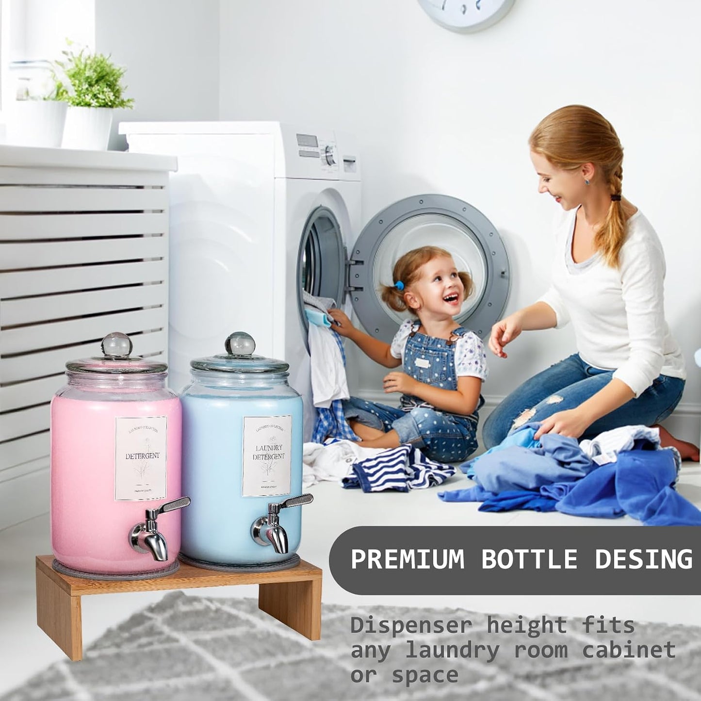 Large Liquid Laundry Detergent Dispenser with Spigots and Measuring Cups,108oz Leak-Proof Glass Fabric Softener,Reusable Glass Detergent Dispenser for Laundry Room Organizer and Storage(1)