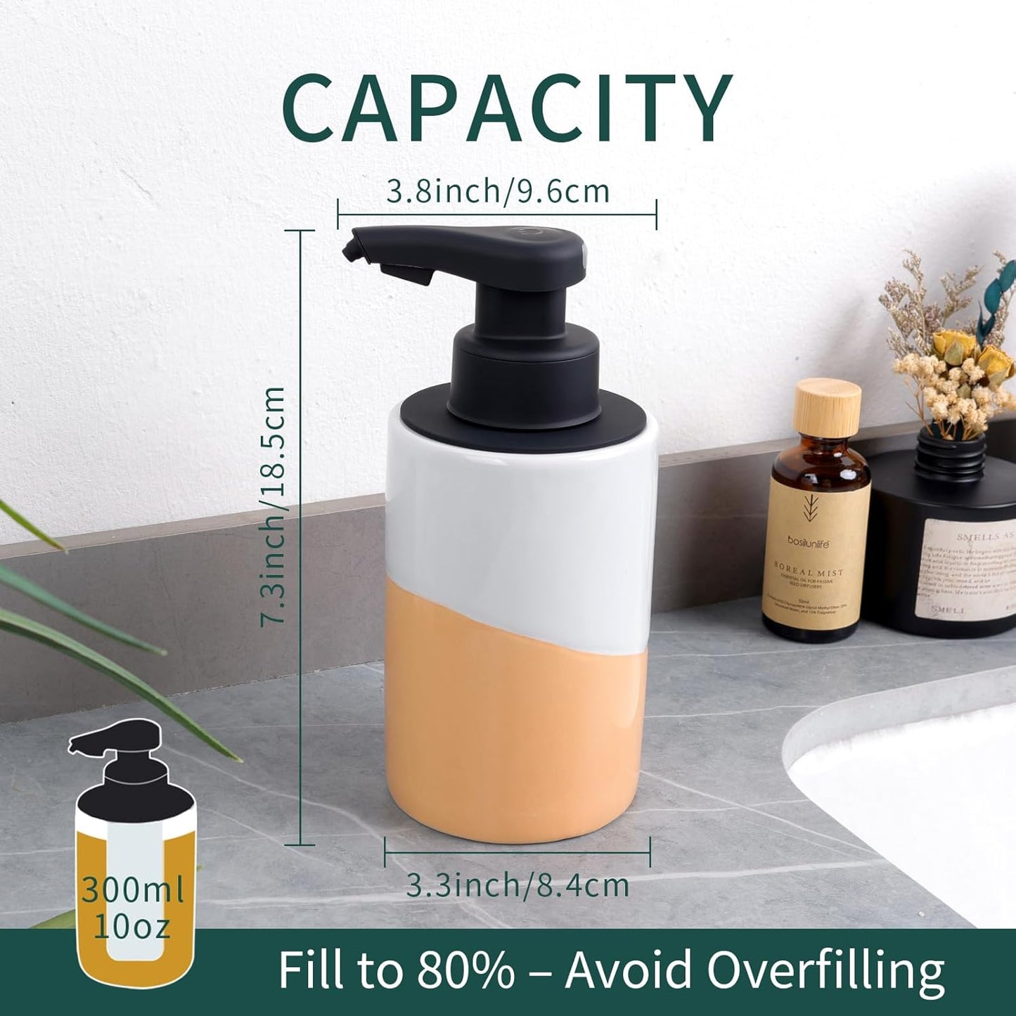 BosilunLife Automatic Soap Dispenser Ceramic Hand Free Soap Dispenser with Waterproof Pump Rechargeable Smart Electric Lotion Soap Dispenser Touchless (White-Green, Foam Pump)