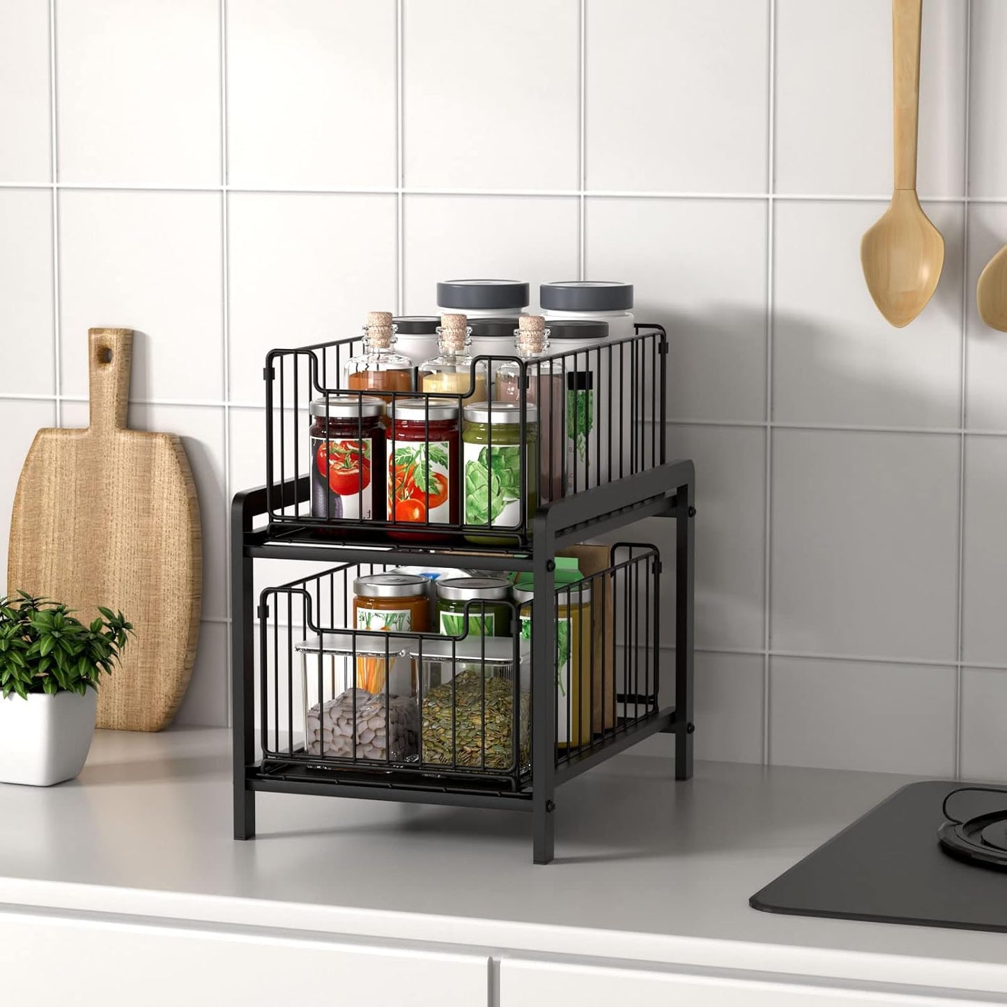NPPLUS 2-Tier Under Sink Organzier: Iron Under Sink Cabinet Organizers With Sliding Drawer - Pull Out Home Storage For Bathroom Kitchen Desktop (Black)