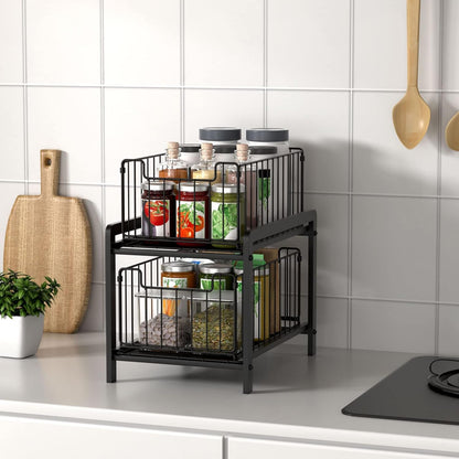 NPPLUS 2-Tier Under Sink Organzier: Iron Under Sink Cabinet Organizers With Sliding Drawer - Pull Out Home Storage For Bathroom Kitchen Desktop (Black)