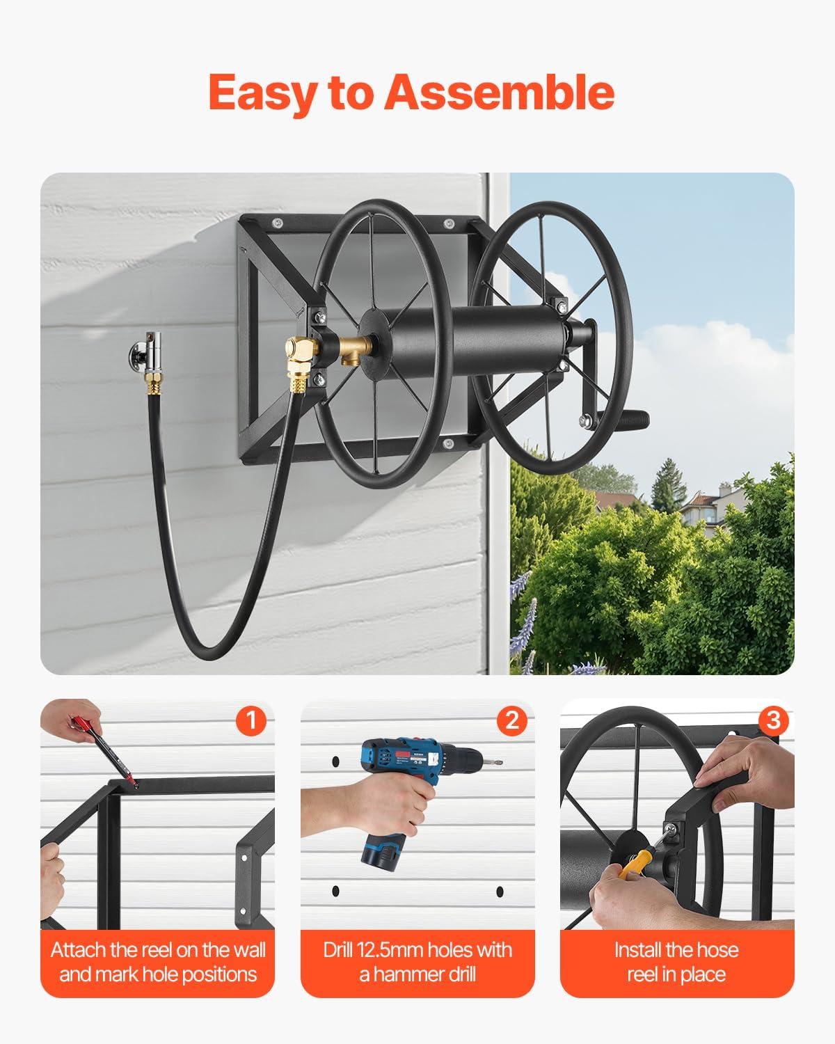 VEVOR Wall Mounted Garden Hose Reel, Holds 125 ft 5/8-inch Hose, Heavy-Duty Water Hose Winder, Space-Saving Design, Outdoor Manual Reel with Brass Fitting and Storage Basket for Yard Lawn
