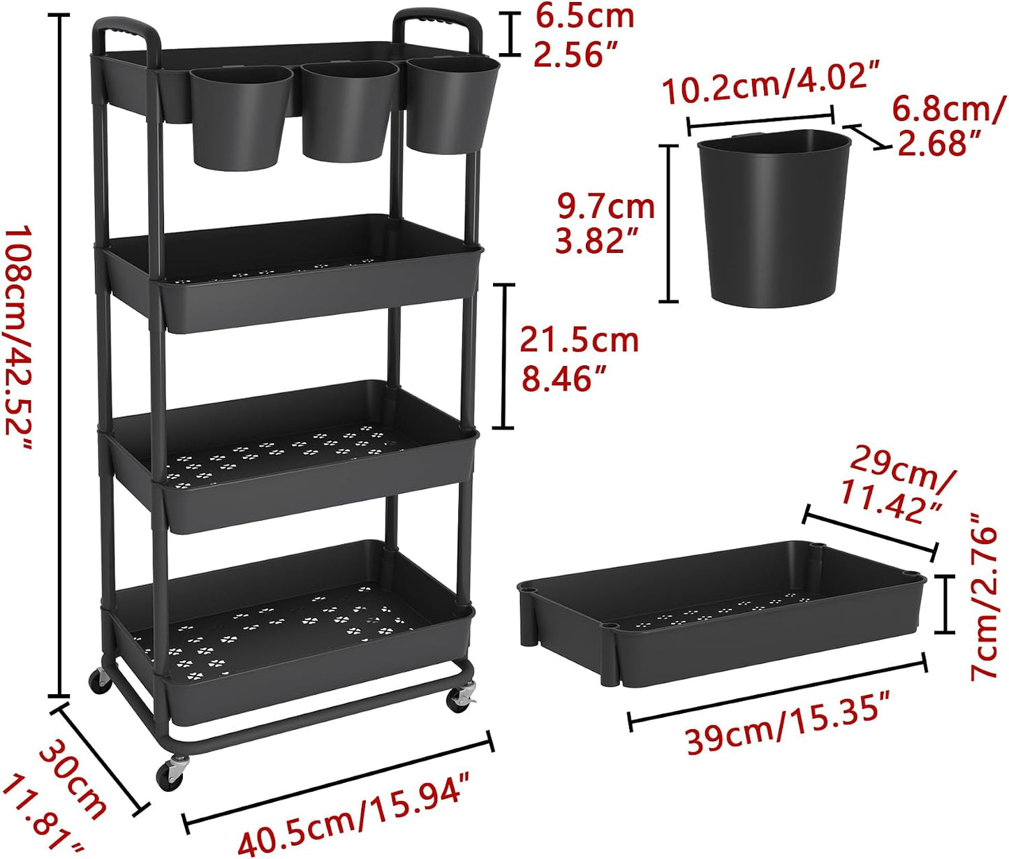 JIUYOTREE 4-Tier Plastic Rolling Storage Cart Utility Cart with Extra Hanging Cups Handles Lockable Wheels for Living Room Bathroom Kitchen Office White