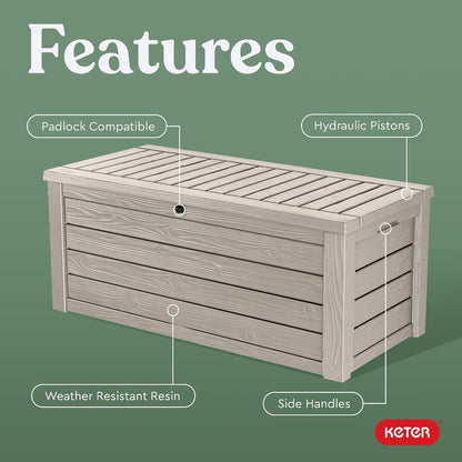 Keter 150 Gallon Resin Large Deck Box Organization and Storage Box for Patio, Outdoor Cushions, Garden Tools, Brown | Hydraulic Pistons, Resin, Weatherproof